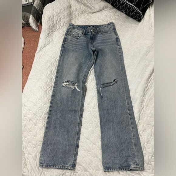 Express modern straight distressed 4 long low rise jeans denim - Picture 3 of 9